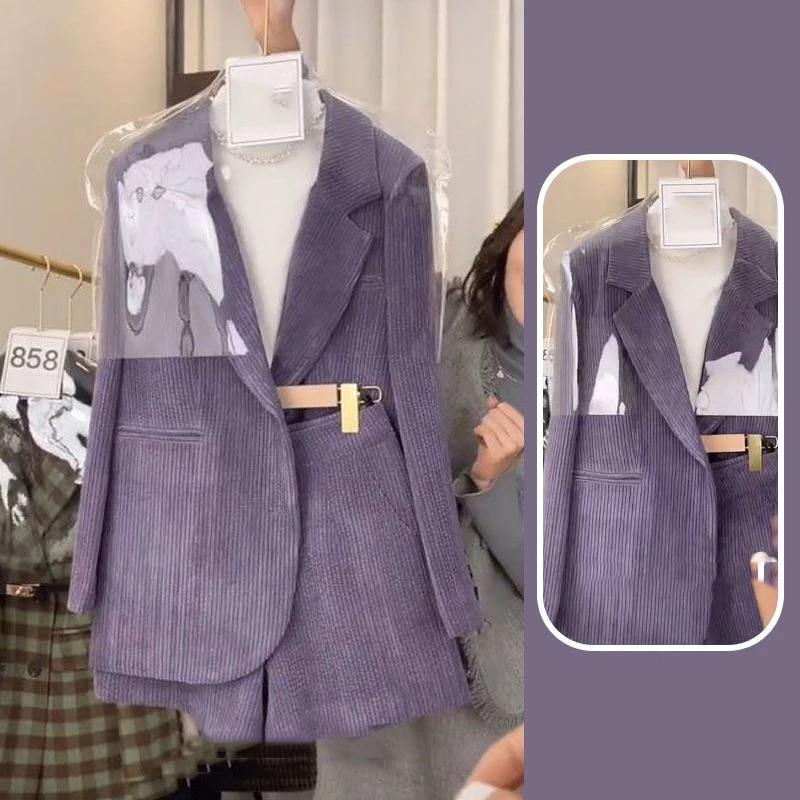 

Осенне-зимние рабочие брючные костюмы, офисный комплект из 2 предметов для женщин, деловой вельветовый костюм, Тонкий Блейзер и короткие брю...