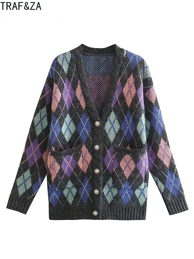 

TRAF 2023 Women Spring Fashion Casual Style Diamond Jacquard Knitted Cardigans Chic Single-breasted Sweaters Long Sleeve Outwear