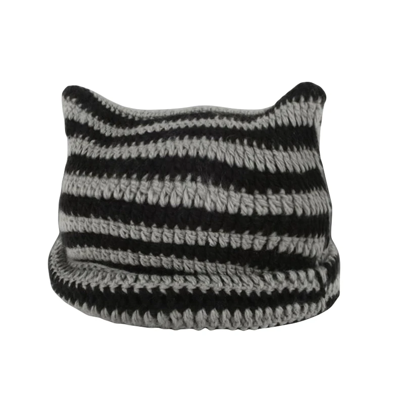 

Cute Knitted Crochet Beanie Hat for Women Y2K Striped Grunge Warm Slouchy Beanies with Cat Ear Aesthetic Accessories (Coffee