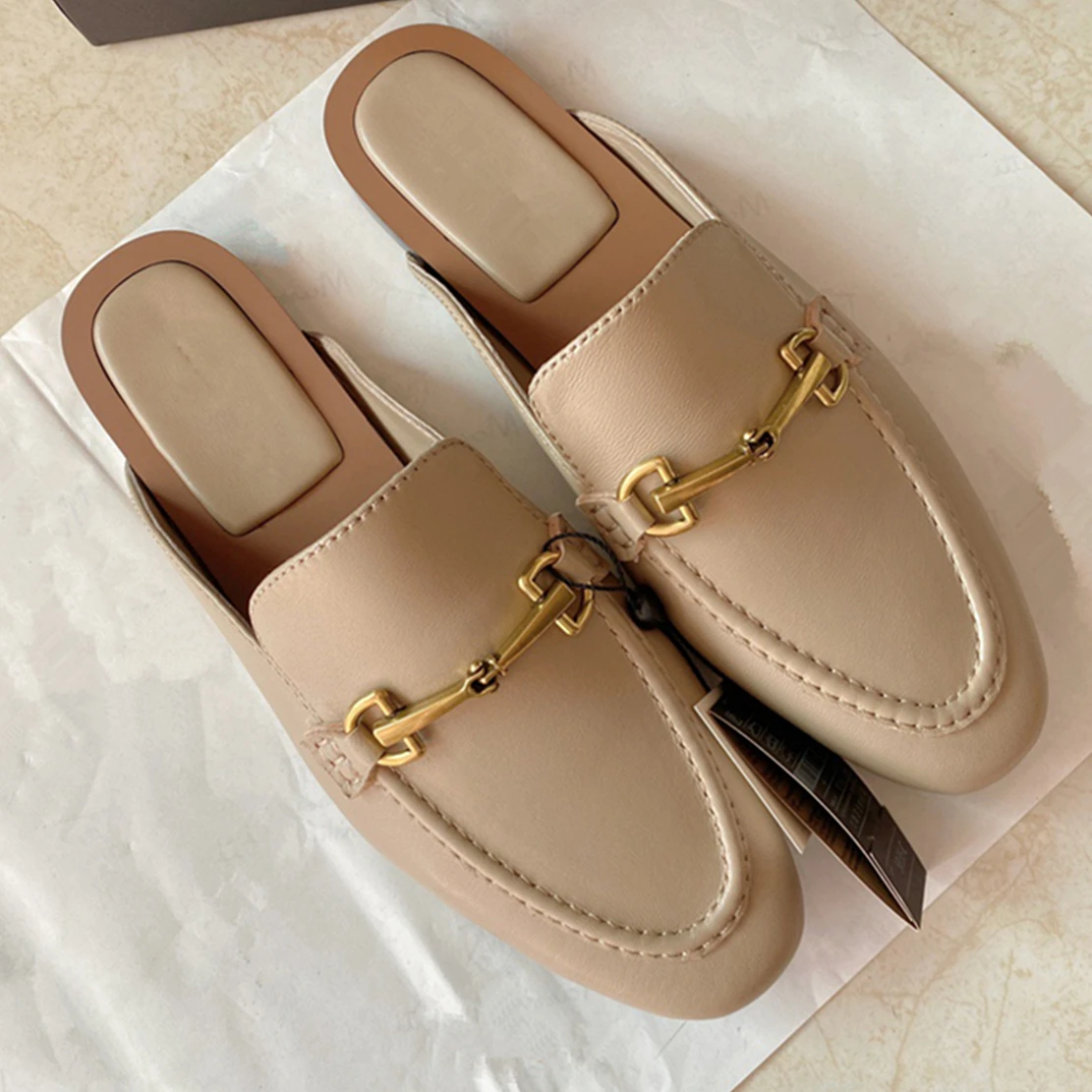 

Withered Shoes Women 2023 Summer French Style Fashion Retro Mules Genuine Leather Flat Shoes Women