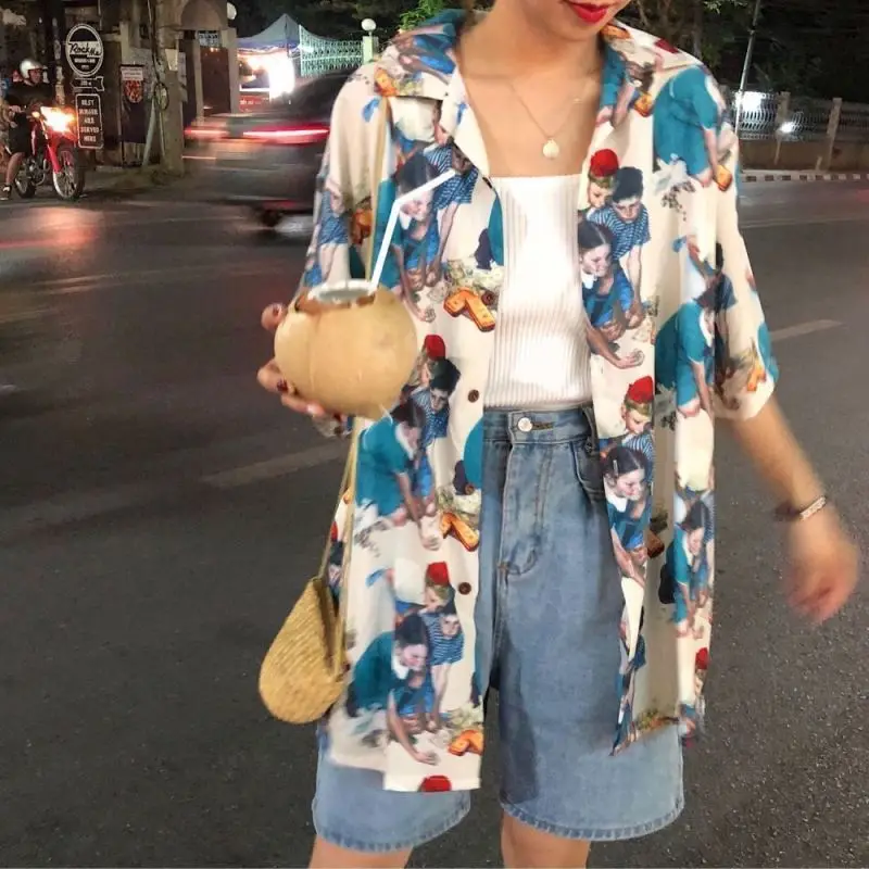 

New Women's Blouses Summer Funny Printed short Sleeve vintage Shirt Ladies Casual Harajuku Hawaiian Shirt Cardigan Clothes Tops