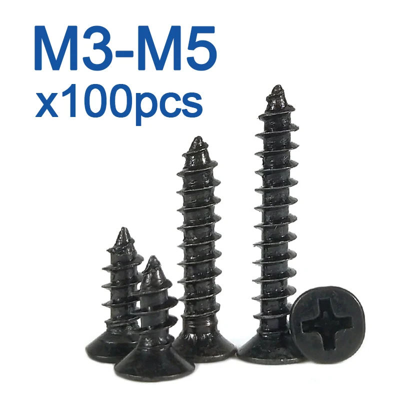 

100 шт./лот M3 M3.5 M4 M5 черный винт из углеродистой стали Cross Phillips с плоской потайной головкой, Самонарезающий мини-винт, электрический/woood