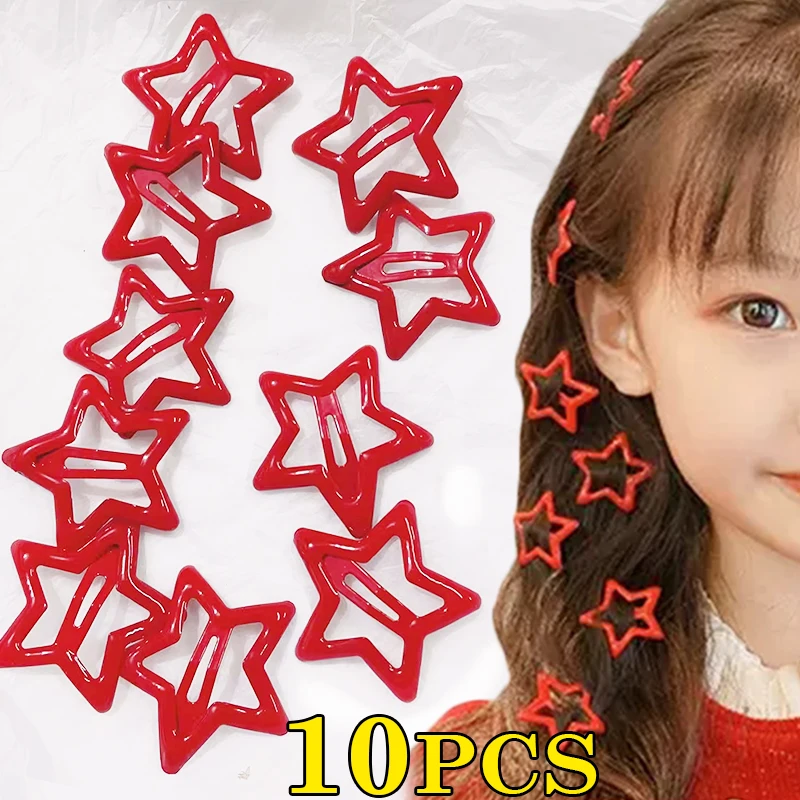 

10Pcs Y2K Snap Metal Clips Red Star BB Hair Clip Hairpin For Women Barrettes Hairclip Girls Cute Pins Headwear Hair Accessories
