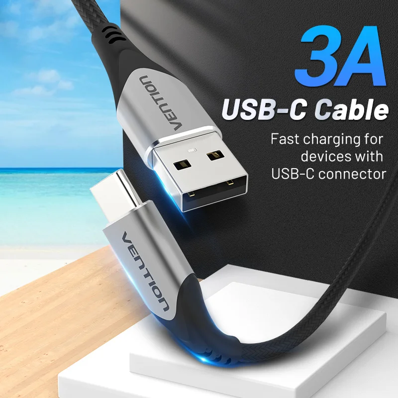Кабель быстрой зарядки Vention с USB A на C провод для передачи данных в оплетке 3 А