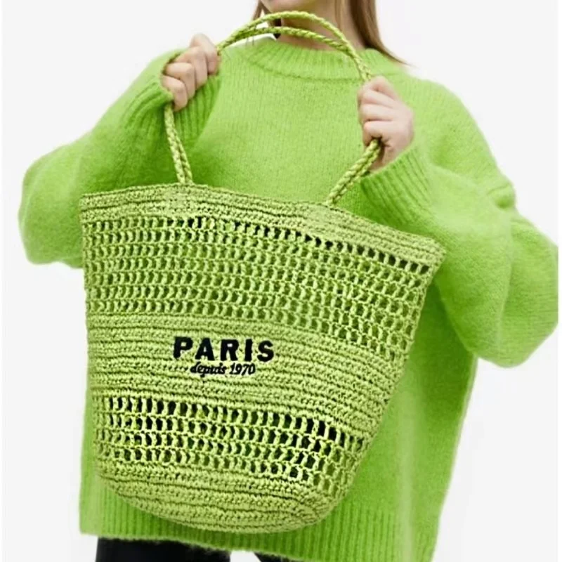 Women's New Embroidered Letter Hollow Grass Woven Handbag Large Capacity Handwoven Shoulder Bag Fashion Portable Basket Tote Bag