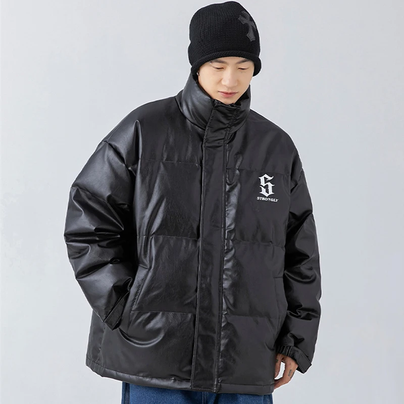 Mens Winter Jackets PU Leather Padded Parkas Harajuku Letter Printed Streetwear Hip Hop Oversized Casual Unisex Coats