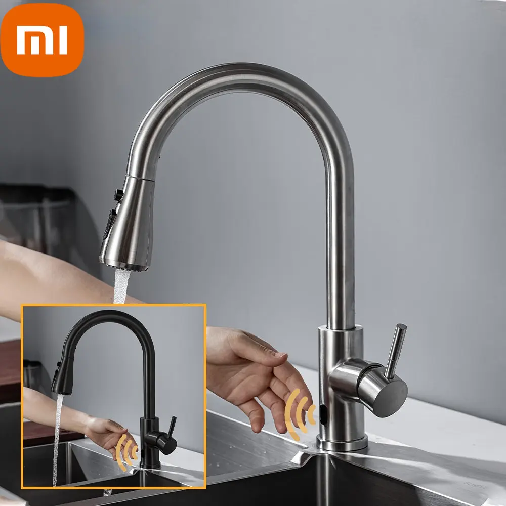 Смеситель кухонный Бесконтактный с ИК-датчиком черный/никелевый