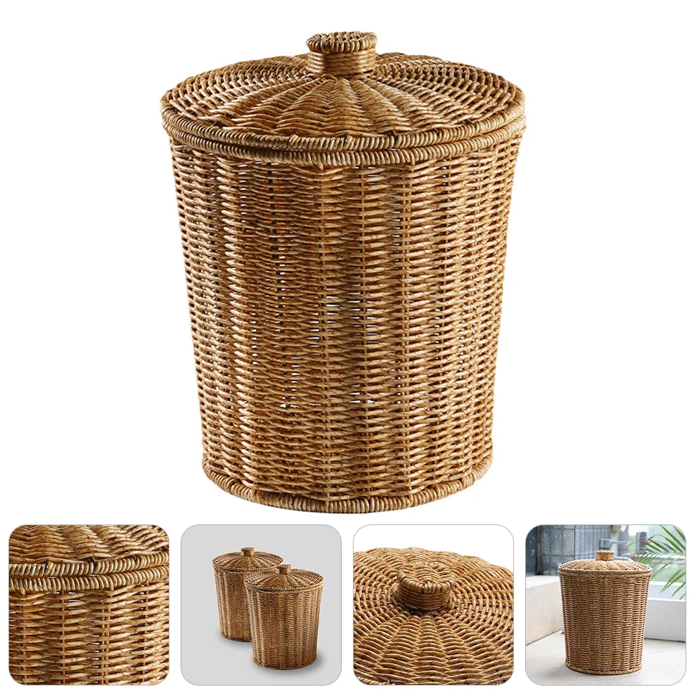 

Basket Wicker Trash Storage Canwoven Baskets Lid Laundry Rattan Waste Bingarbage Seagrass Wastebasket Bathroom Lids Round