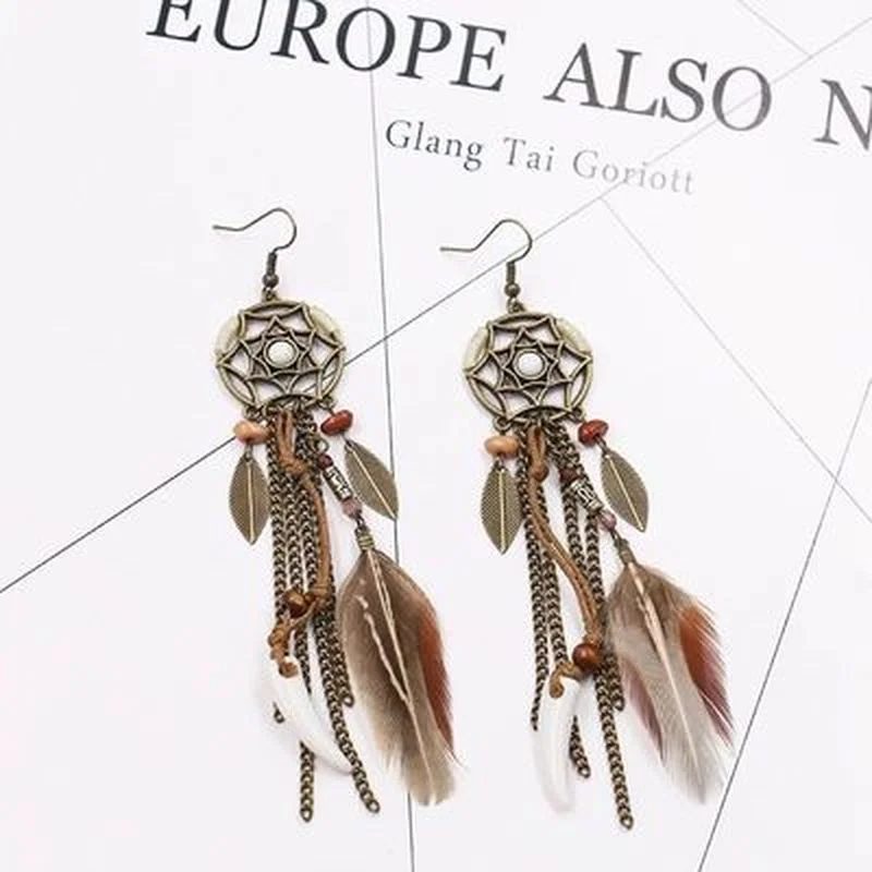 

Boho Ethnic Dream Catcher Feather Antique Long Hook Earrings Handmade Tassle Earring Vintage Geometric Long Dangle Earrings Gift