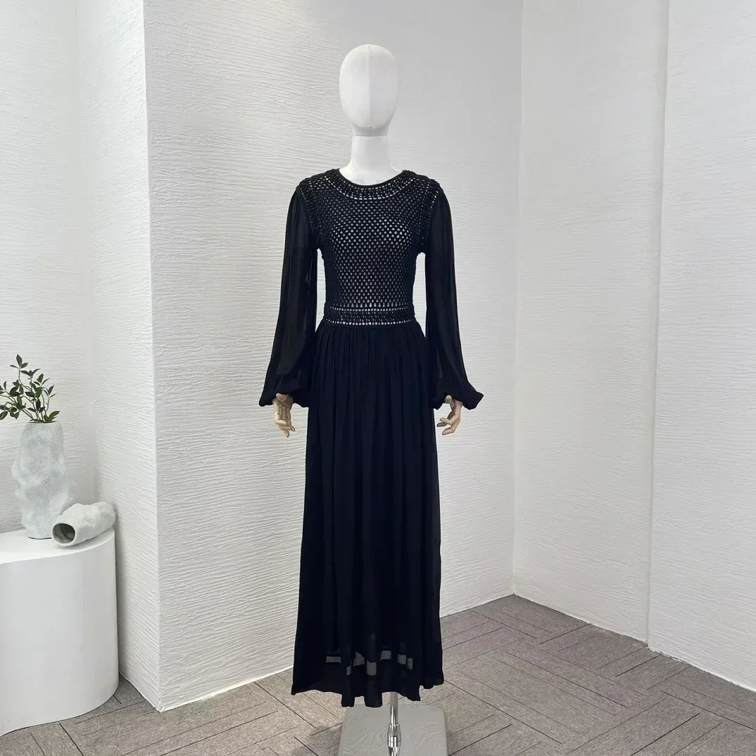 

New Arrivals 2023 Vintage Solid High Quality Hollow Out Knit Patchwork Full Lantern Sleeve Ruched Pleat Waist Women Midi Dress