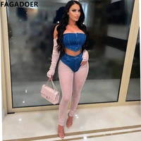 fagadoer womens denim stitching two piece sets sexy off shoulder long sleeve crop top and diamonds pants outfits club wear 2022