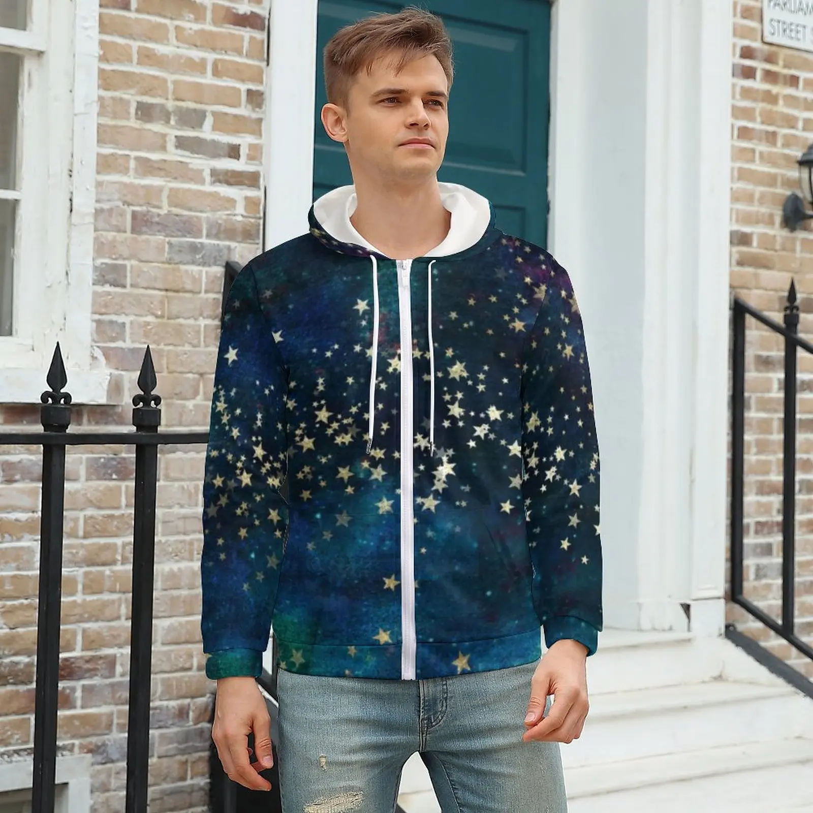 

Celestial Sky Hoodie Gold Stars Print Streetwear Men Hoodies Men Autumn Zip Up Hoodie Over Size