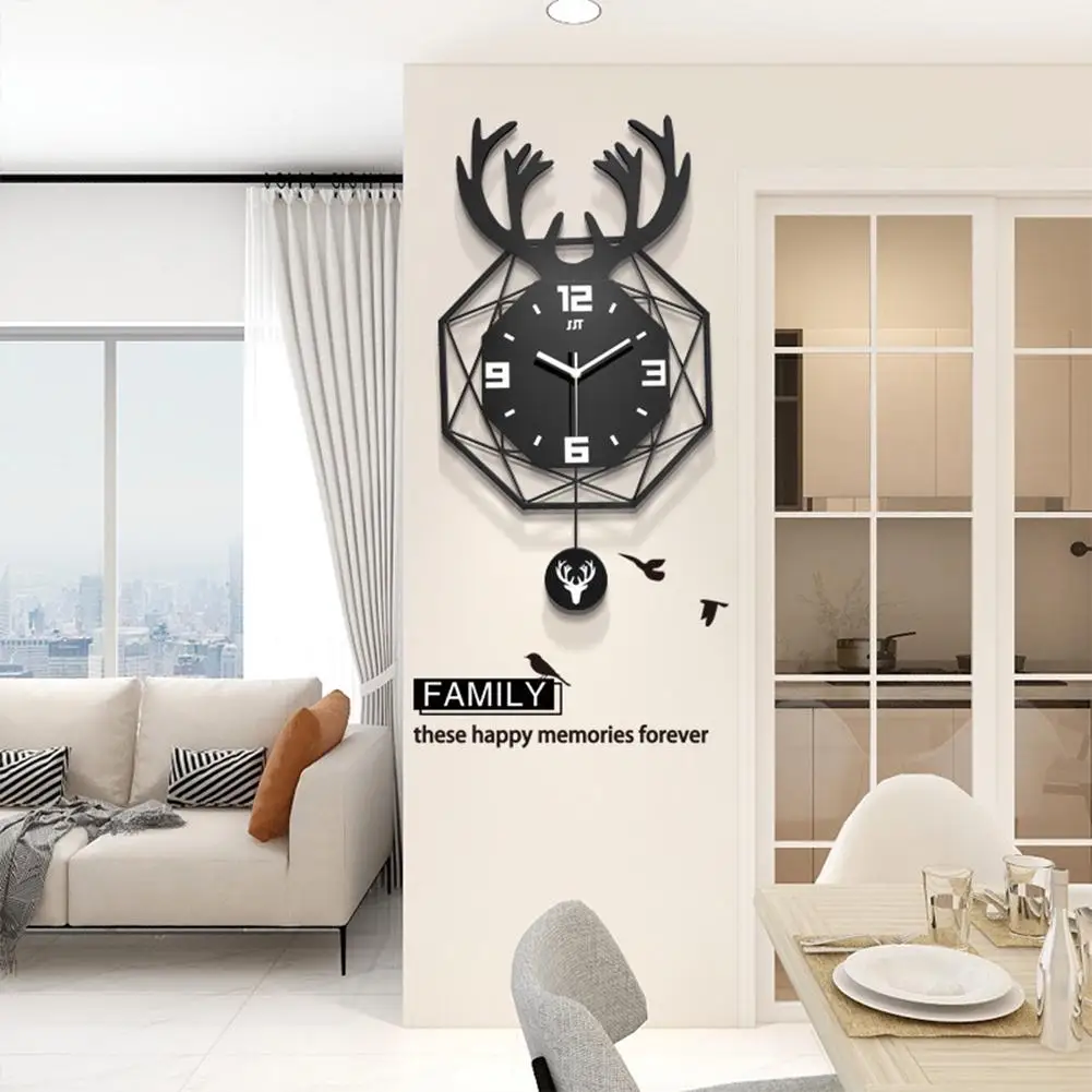 

Nordic Style Deer-Head Wall Clock Silent Movement Wood Wrought Iron Double-layer Design For Household Living Room Decoration