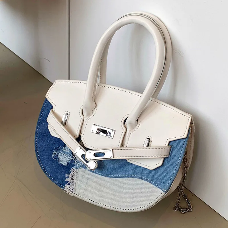 

Ladies New Brand Rotary Lock Handbag Fashion Splicing Design Shoulder Bag Personality Hole Denim Tote Bag Women PU Leather Bags