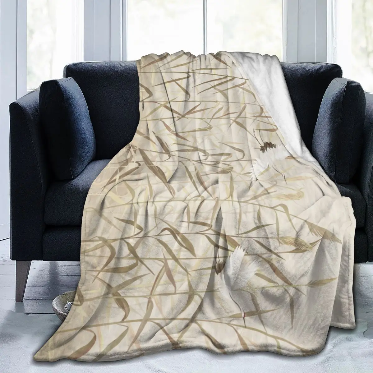 

Flannel Blanket Hand Drawn Reeds With Flying Storks Soft Thin Fleece Blanket Bedspread Cover for Bed Sofa Home Decor Dropship