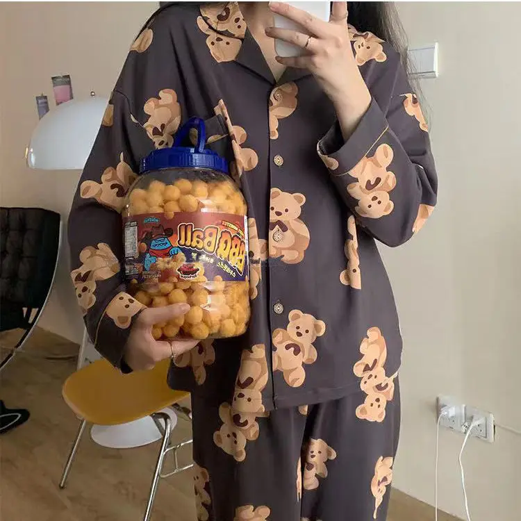 Heart Print Home Suit Loose Cotton Casual Sleepwear Korean Pajamas Set Trousers Harajuku Home Clothes Kawaii Single Breasted Top