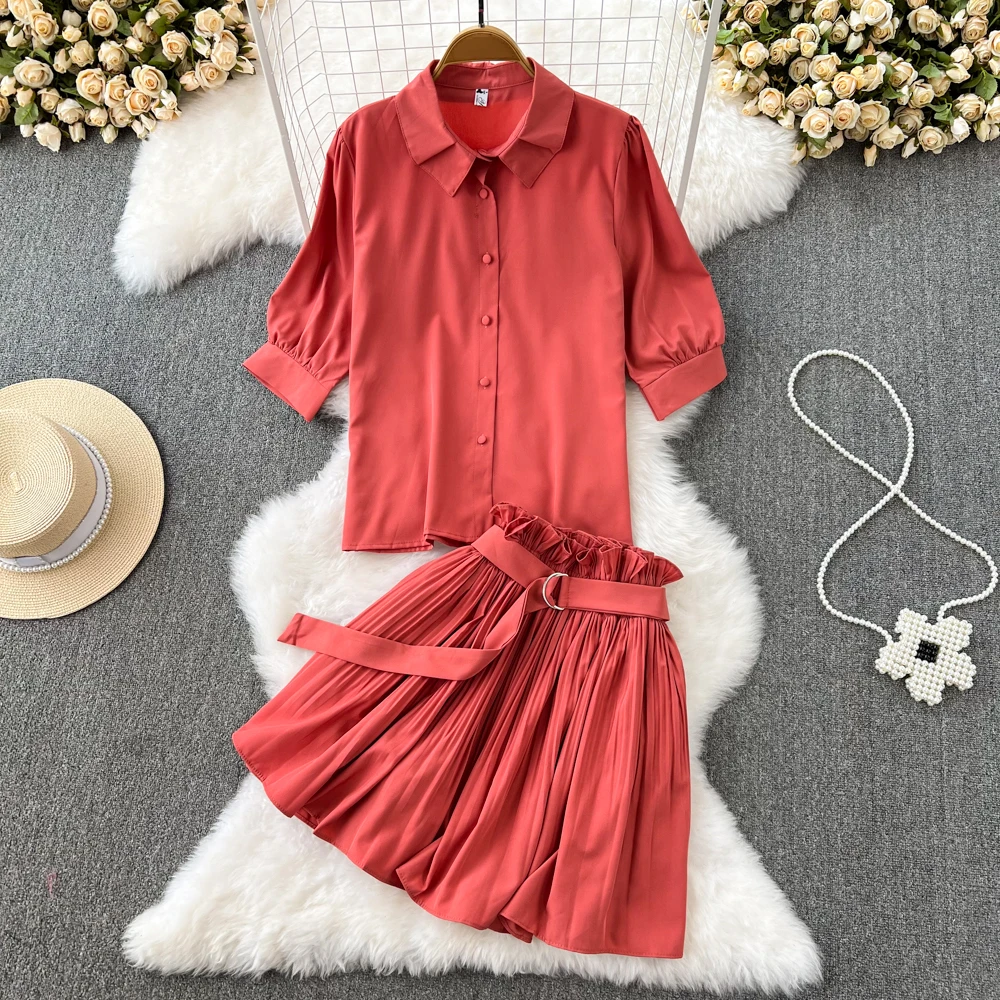 

Clothland Women Elegant Blouse Skirt Suit Short Sleeve Shirt Belt Pleated Mini Skirt Chic Summer Two Piece Set TZ763