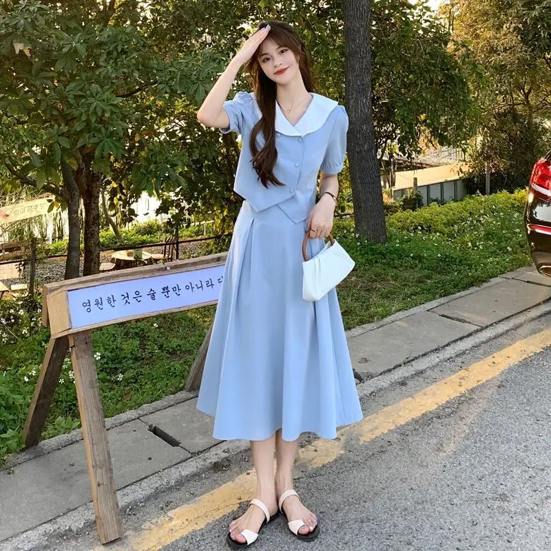 

Women 2022 Summer New French Suits Female Double-breasted Suit Jackets + High Waist Loose A-line Skirts Ladies 2 Piece Sets R141
