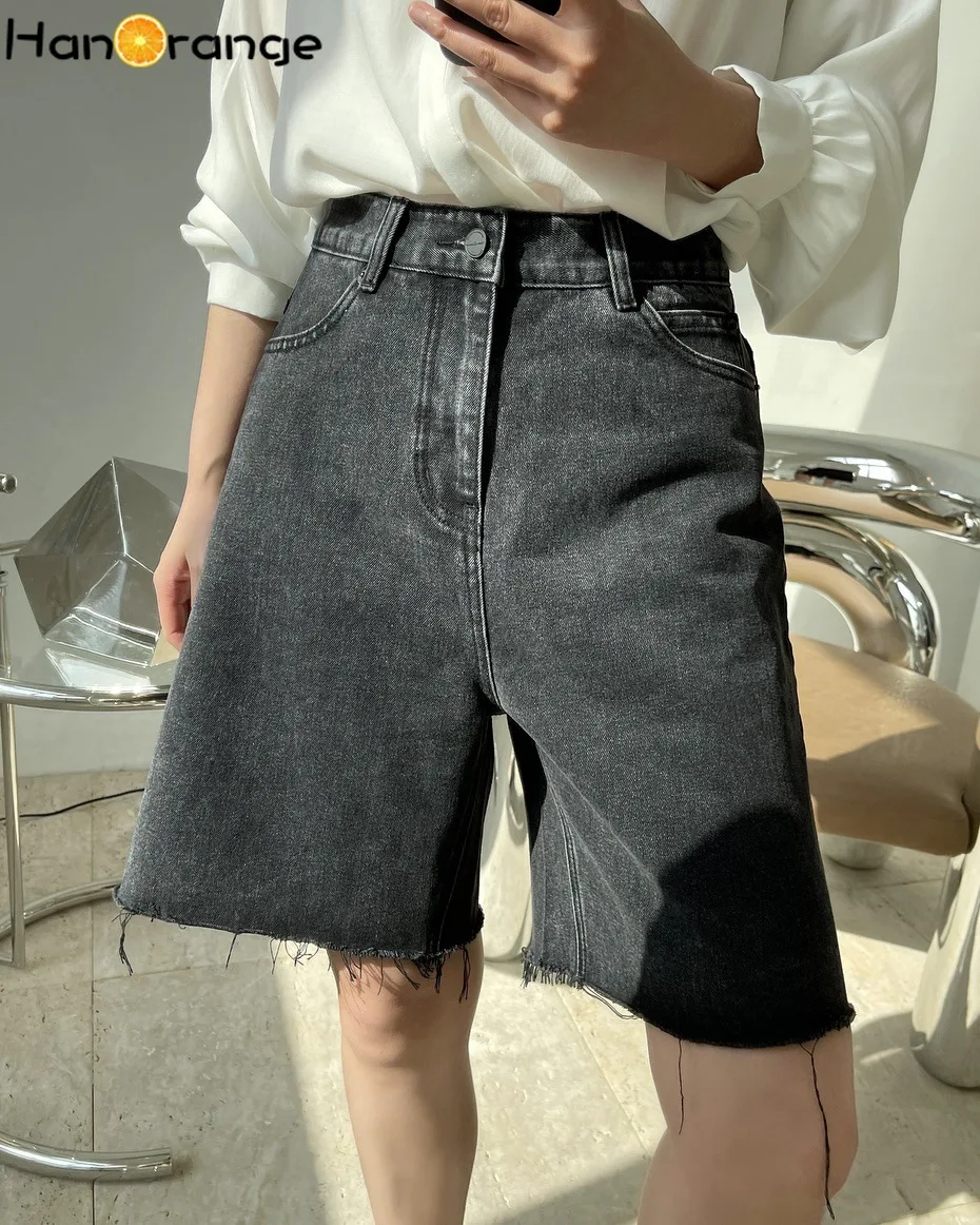 

HanOrange 2022 летние винтажные модные джинсы до колена с высокой талией и необработанными краями, женские джинсовые брюки, широкие брюки, шорты
