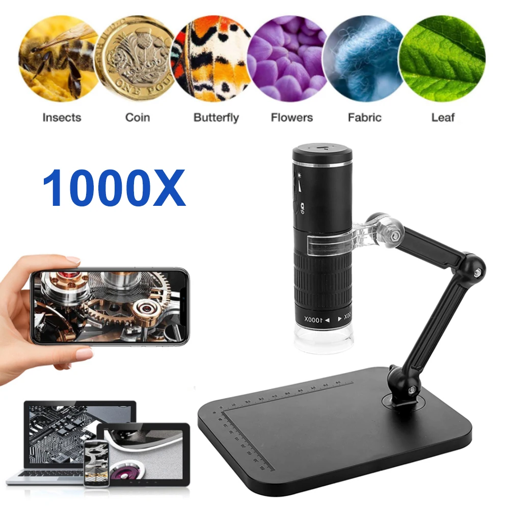 

Wireless Digital Microscope Handheld USB HD Inspection Camera 50x-1000x Magnification with Flexible Stand For iPhone iPad PC