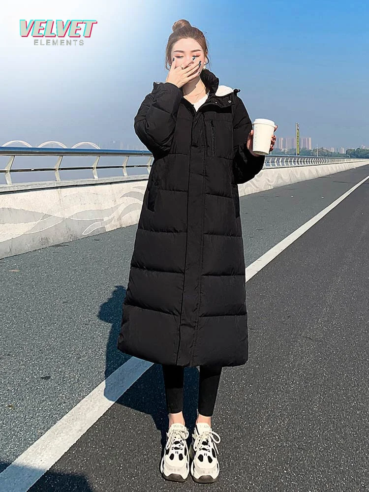 VelvetElement Parka Coat Extra Long Winter Jacket Women Hooded Pocket Zipper Female Lady Windbreaker Coat Casual Outwear Clothes