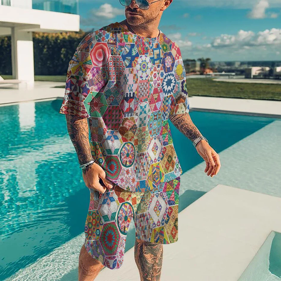 

Plus Size Jogging Men's Summer Outfit Fashion 3D Retro Harajuku Casual Sports Training 2 Piece T-Shirt + Shorts Crew Neck Top
