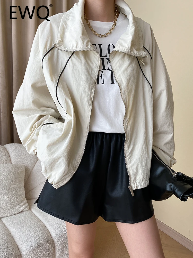 

EWQ Drawstring Design Spliced Jackets For Women 2023 Autumn New Lapel Zipper Long Sleeve Fashion Female Tops Casual 26D5423