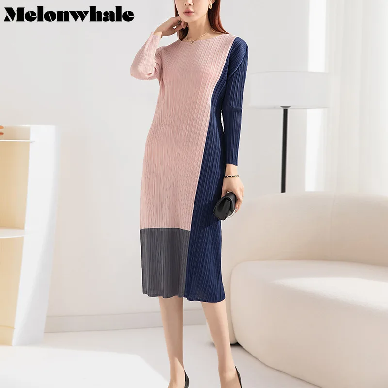

MelonWhale Round Neck Patchwork Pleated Dress for Women Casual Loose Elegant Korean Slim Dresses Female Clothing 2023 New