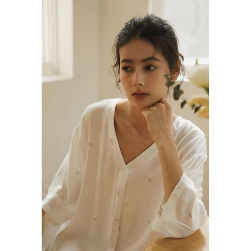 Осень 2023 атласная Элегантная ночная рубашка с длинным рукавом и принтом женское