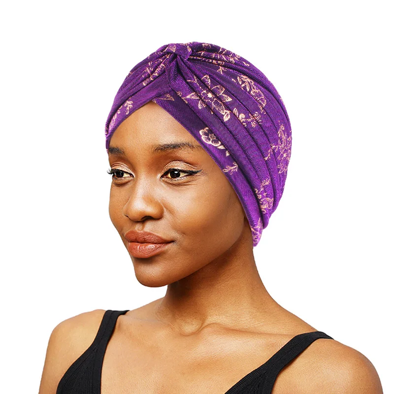 

New Women Print Flower Knot Turban Head Wrap Gold Ruffle Muslim Hijab Twist Caps Sleep Bonnet Cover Simple Fashion Headwrap