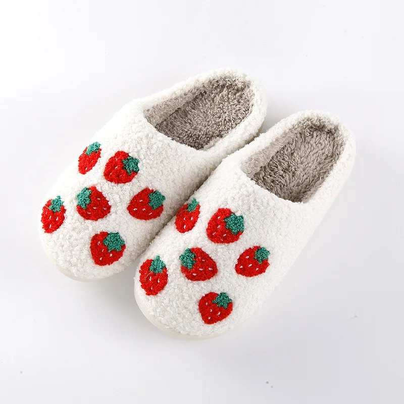 

New comfortable home strawberry warm winter cotton slippers lovers thick platform soft soled shoes for men anti-slip cute.
