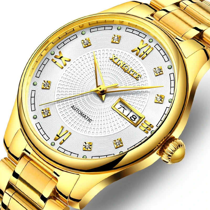 Yellow Gold Stainless Steel Mens Watch Automatic Mechanical Male Complete Calendar Wristwatch relogio masculino alta qualidade