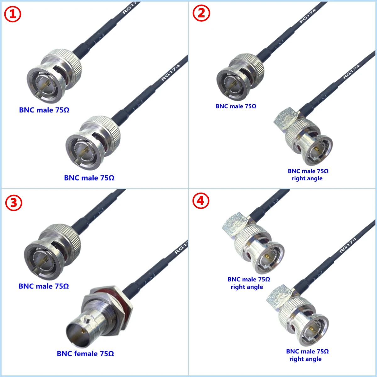 

75ohm RG174 Cable Q9 BNC 75ohm To BNC Male Female Connector Right Angle Crimp for RG174 Coax Cable Low Loss Fast Delivery Copper