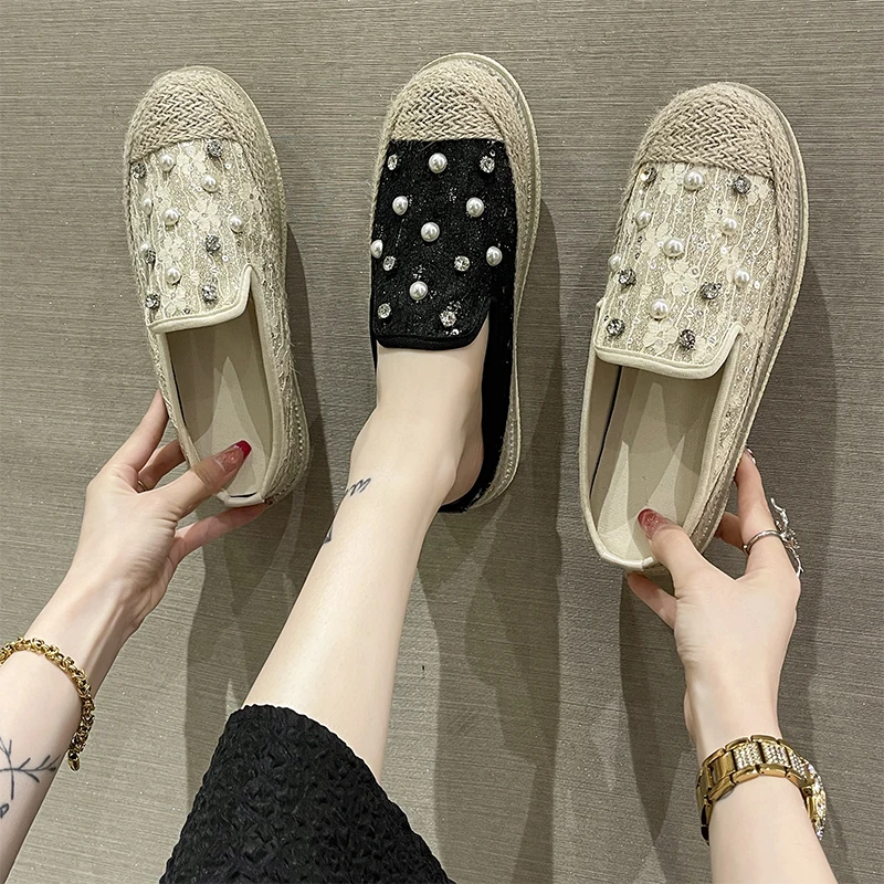 

Slippers Women Summer Flat Shoes Female Low Pantofle Cover Toe Lace Platform Slides 2022 Soft Casual Rubber Basic Fretwork PU Le