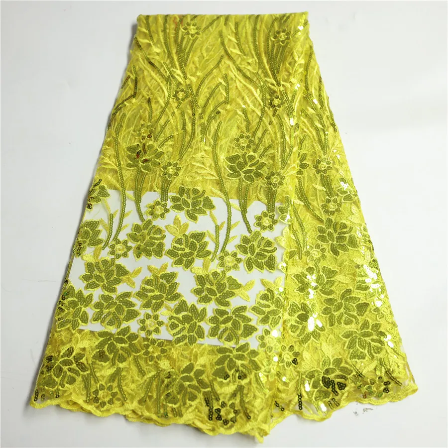 Latest African Sequins Lace Fabric Yellow French Tulle Net Cloth Embroidery Mesh Material Tul Bordado Tissus Dentelle LN2