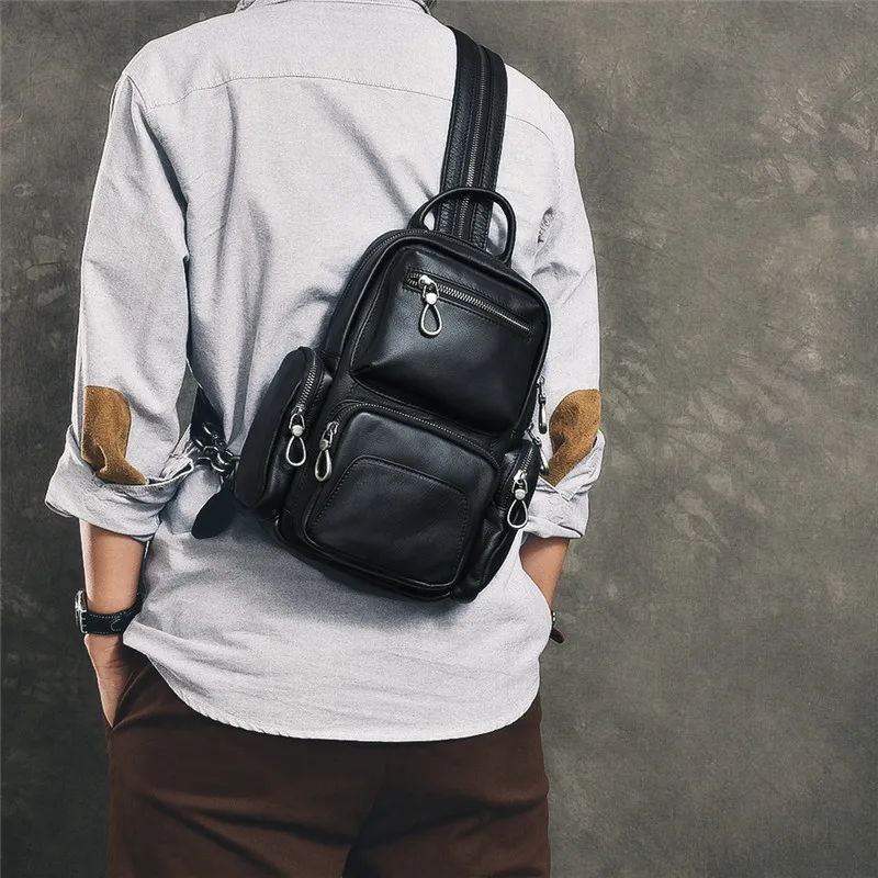 PNDME fashion casual genuine leather men's women's multi-function small backpack designer soft cowhide female black chest bag