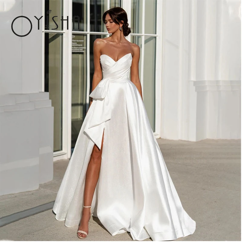 

OYISHA 2023 Beach High Slit Bridal Gowns Sexy Sweetheart Pleated Satin Robe De Mariée Elegant Backless A-Line Boho Wedding Dress