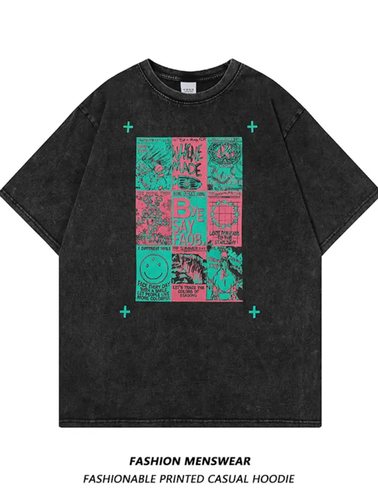 

2022 Summer New Fashion Fashion Old Print Men and Women Couples Oversize Casual T-shirt