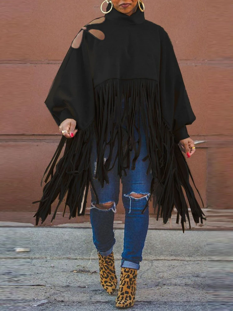 

Vintage Turtleneck Streetwears Tassel Hem Batwing Sleeve Capes & Ponchos Basic Turtleneck Women Overcoat Autumn Winter Tops
