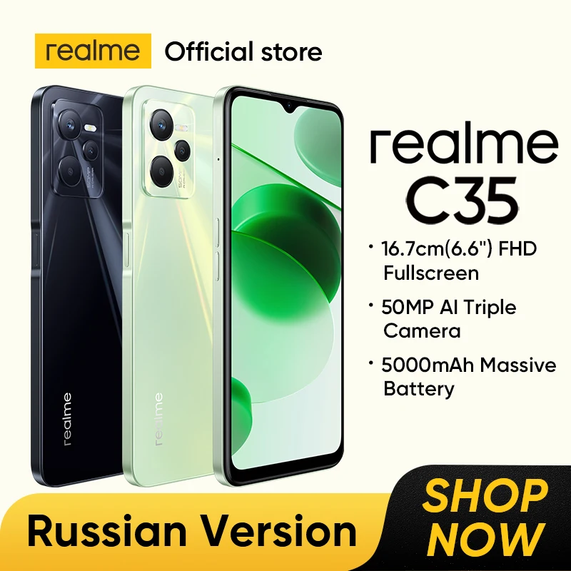 

realme C35 Russian Version Smartphone 6.6" FHD Display Octa Core Processor 50MP AI Triple Camera 18W 5000mAh Battery NFC