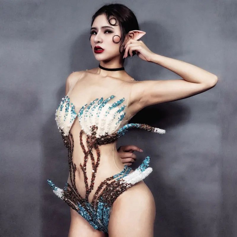 Боди с блестками и эльфами без рукавов большой эластичный сексуальный