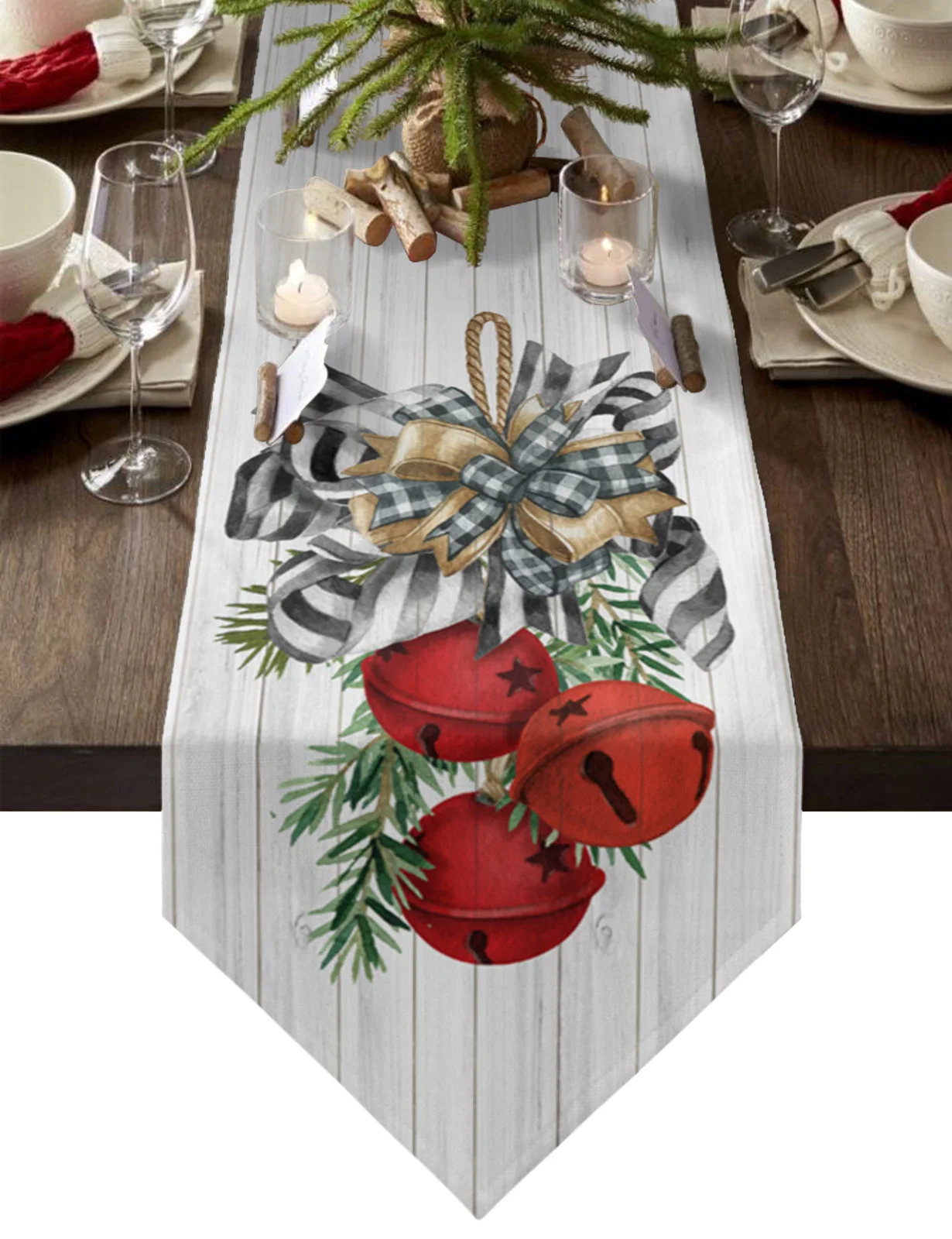

Christmas Pine Needle Bells Wood Grain Table Runner Christmas Party Dining Table Runner Placemat Home Kitchen Table Decor