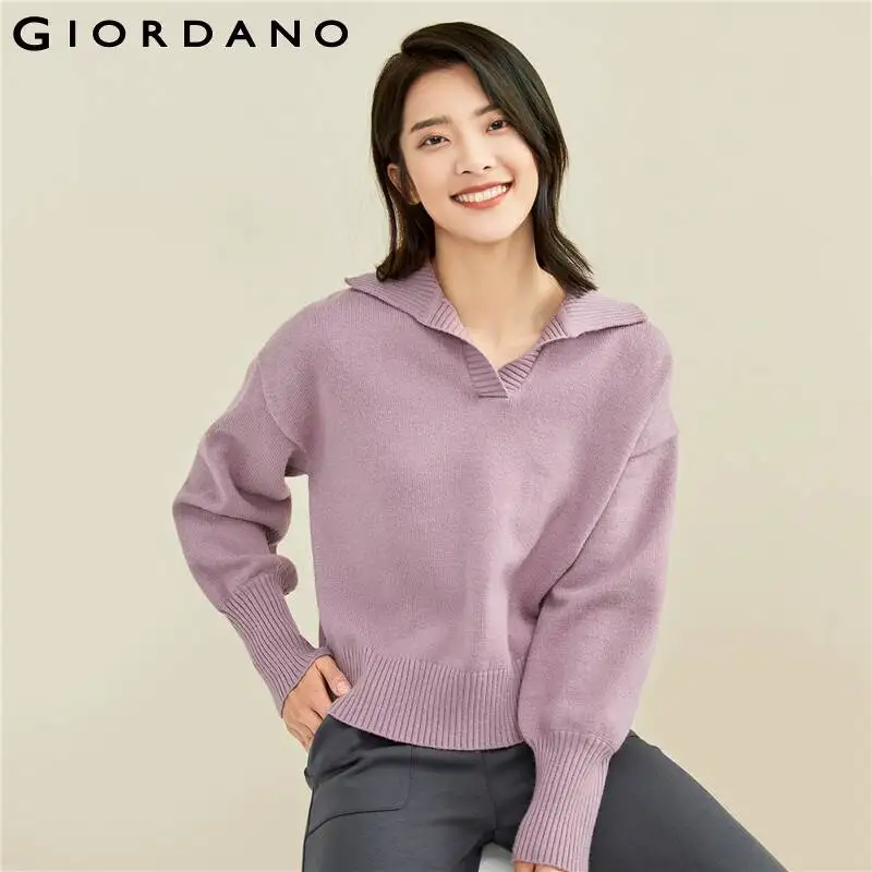 

Giordano Women Sweaters Solid Color Turn-down Collar Sweater Dropped Shoulder Loose Caual Sweaters 13351850