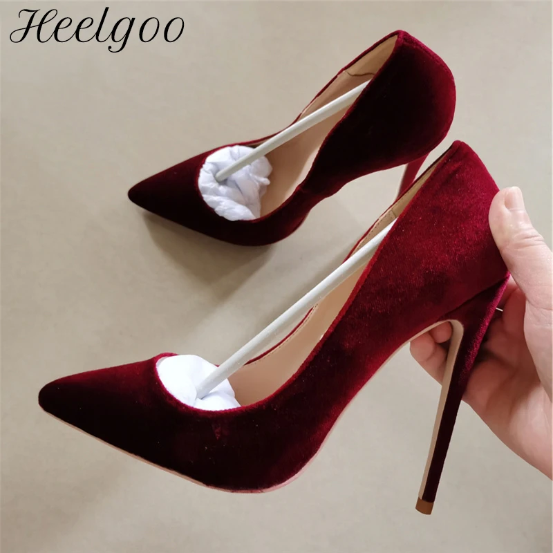 Фото Heelgoo классический дизайн, женские туфли из флока с острым носком на высоком каблуке, элегантные женские туфли-лодочки без шнуровки на шпильке, однотонные, однотонные, бордовые, зеленые №2