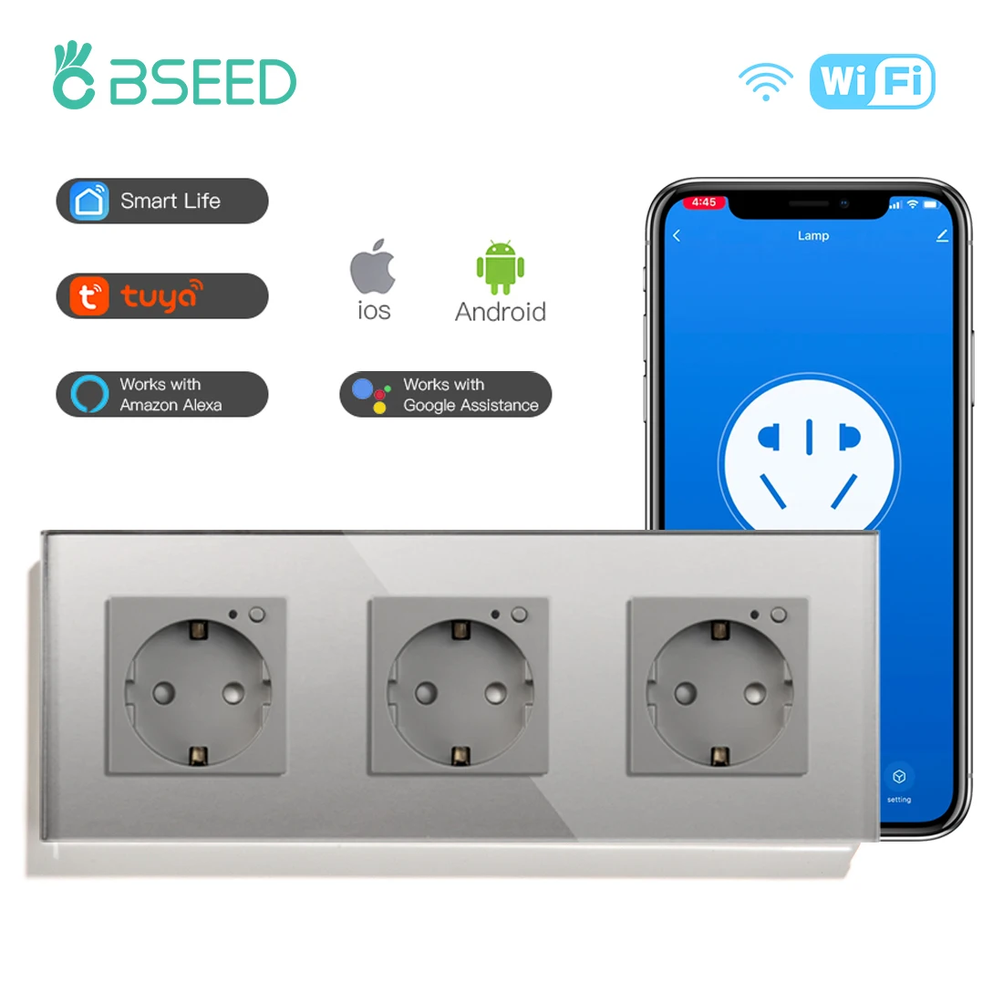 Bseed Padrão da ue Wifi Tomada de Parede Triplo Tuya Tomada Inteligente 16a 250v Painel Vidro Cristal Soquetes Azul Backlight Soquetes elétricos