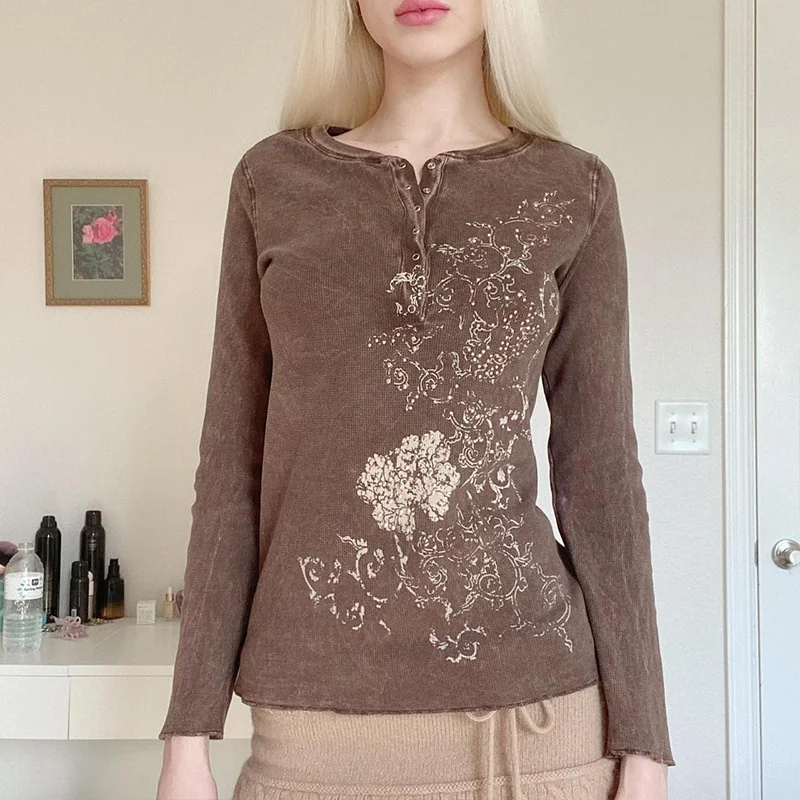 

2022 Y2K Aesthetic Graphic Print Crop Top Fairycore Vintage T-shirt 90s Retro Long Sleeve Button Tees Harajuku Grunge Clothes