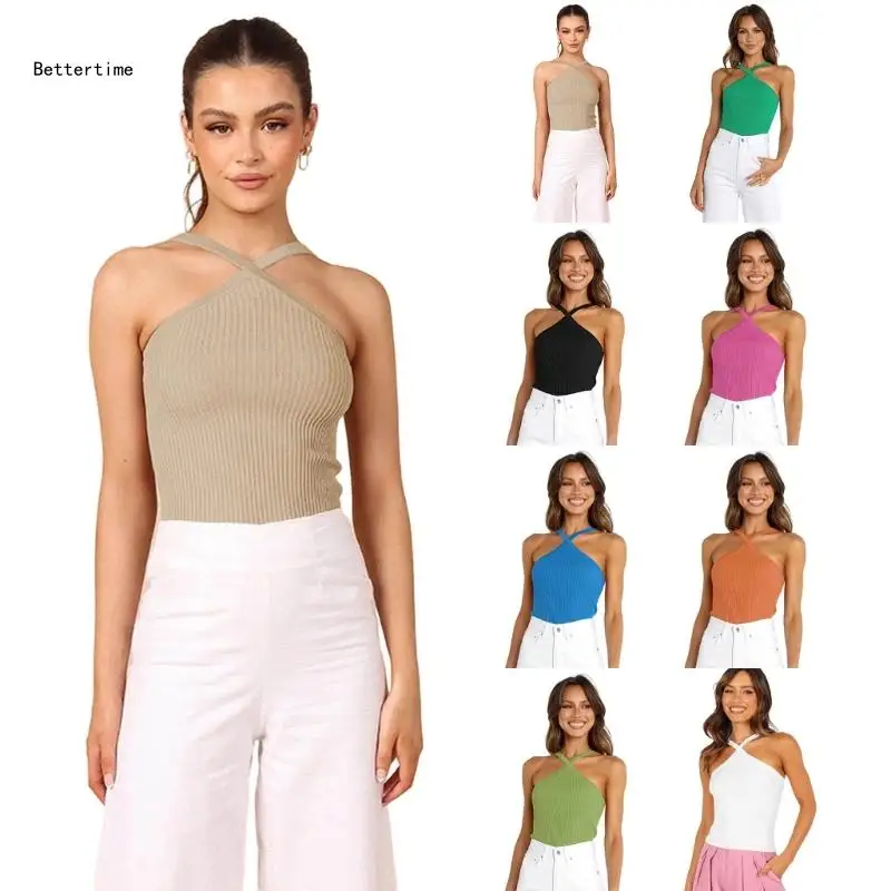 

B36D Women's Backless Sleeveless Halter Crop Top Fit Ribbed Knit Vest Tops