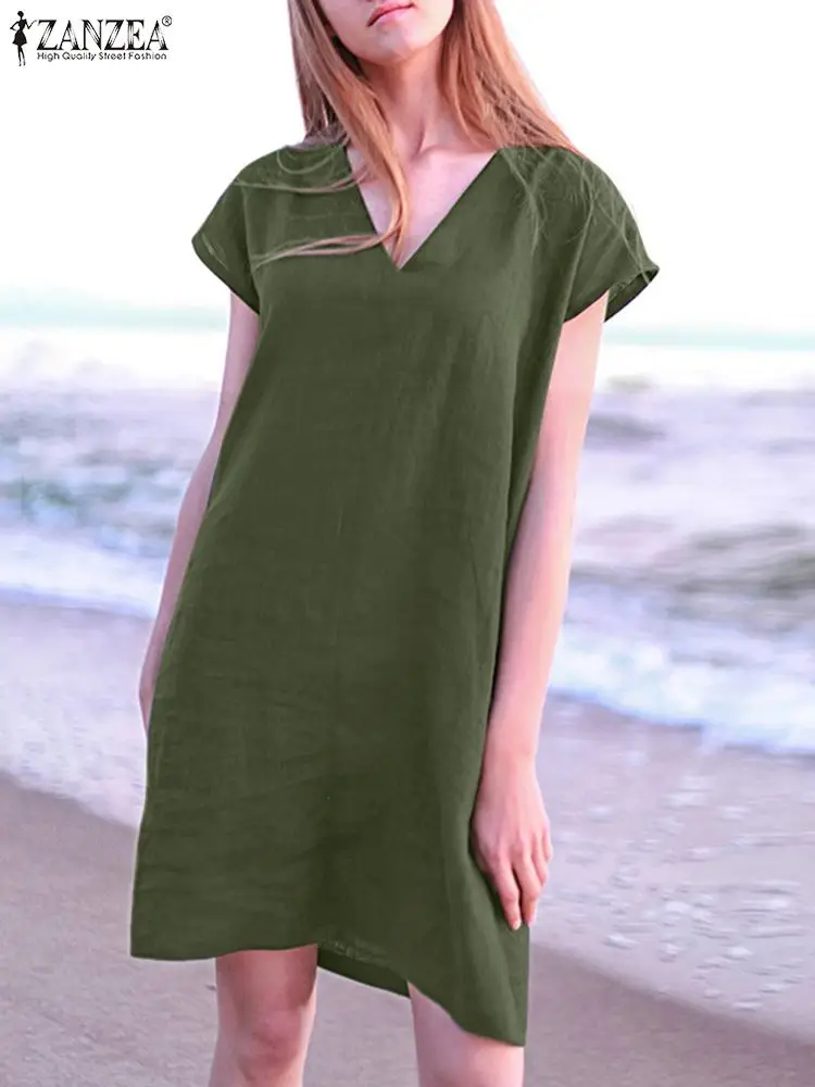 

Платье ZANZEA женское оверсайз с V-образным вырезом, элегантный пляжный Повседневный Сарафан с коротким рукавом, однотонное, лето 2022