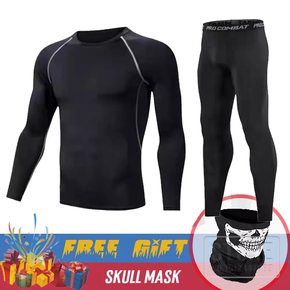 BLACK Men's Thermal Underwear Set Motorcycle 4  Seasons Skiing Warm Base Layers Sportwear Tight Long shirt & Tops Set cl