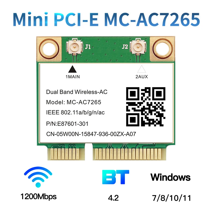 

1200Mbps Wireless MC-AC7265 Half Mini PCI-E Wifi Card Bluetooth 4.2 802.11ac Dual Band 2.4G 5Ghz Adapter For Laptop Than 7260HMW